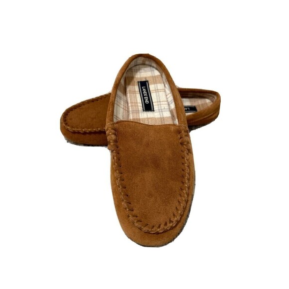 Lands' End Suede Leather Moccasin Slippers Plaid liner Tan Women’s 7 - Picture 1 of 8